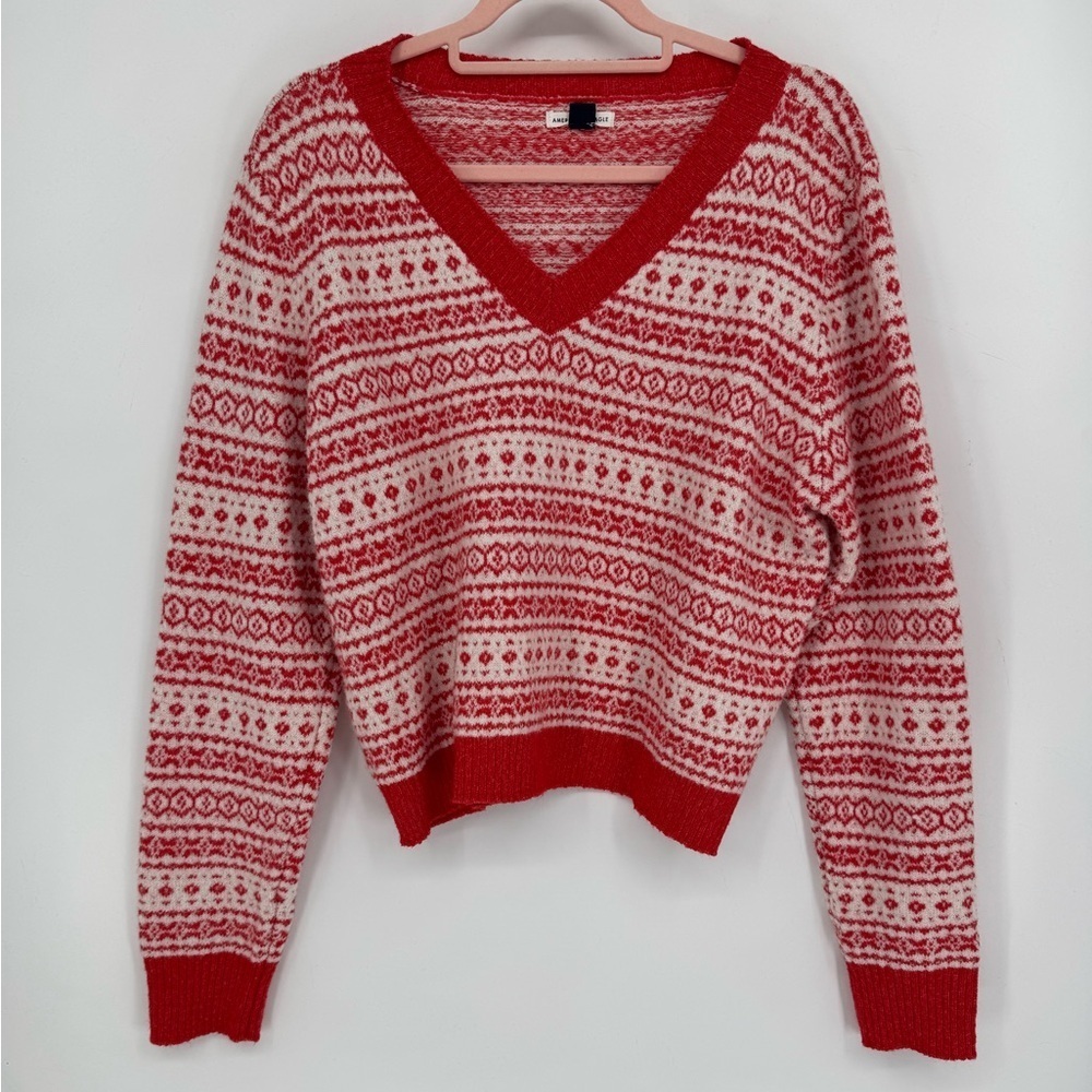American Eagle Outfitters Women's Red + White V-Neck Winter Sweater Size XL